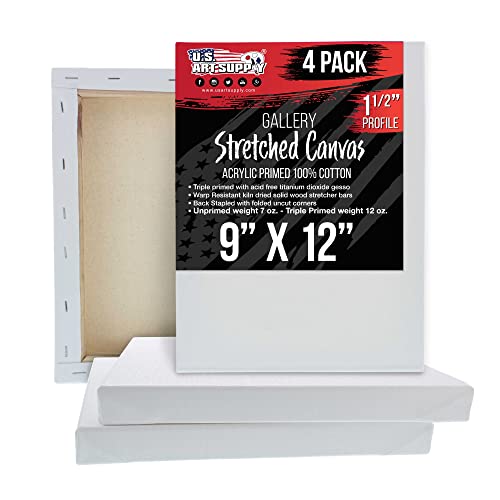 U.S. Art Supply 9"x12" Stretched Canvas for Painting, Gallery Depth 4-Pack - size: 9" x 12"