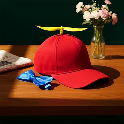 Sintege Propeller Hat Nerd Silly Twirly Cap Helicopter Cap with Spinner and Adjustable Bowtie for Costumes - color: Red and Blue