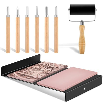 Suzile Block Printing Kit Include 1 Pcs Bench Hook and Inking Plate 2 Pcs Linoleum Block 1 Set Linoleum Cutter with 6 Type Blades 1 Brayer Roller for Carving Printmaking Stamp Tools