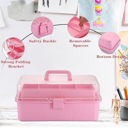 Tackle Box, 16-Inch Extra Large Art Storage Box with 3-Layer Folding Trays - color: Pink