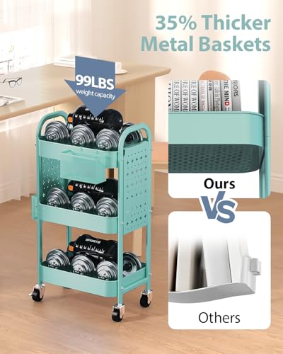 ALVOROG 3 Tier Metal Rolling Utility Cart with Pegboards,Baskets,Hooks,Blue - color: Tiffany Blue