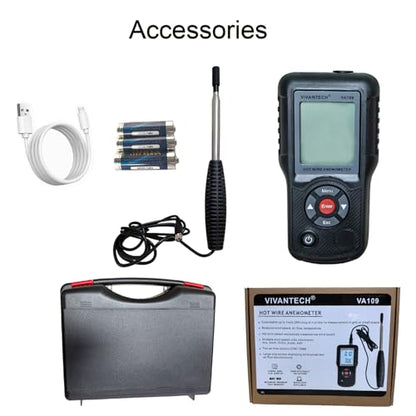 VA109 Professional Anemometer – Wind Speed Meter for Air Flow, Velocity, Temperature – HVAC CFM Meter CMM Tester with Backlit LCD, Max/Min, Auto Shutdown