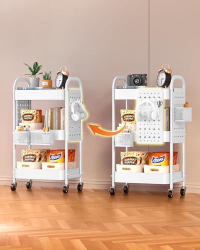 ALVOROG 3 Tier Metal Rolling Utility Cart with Pegboards,Baskets,Hook,White - color: White