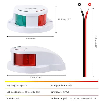 RVZONE White IP67 LED Boat Navigation Light, Red & Green for Pontoon Yacht - color: White