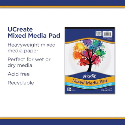 UCreate Mixed Media Pad, White, 9" x 12", 50 Sheets
