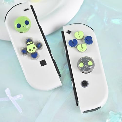 GeekShare Silicone Cross D-Pad Button Caps Set Joystick Cover - Cute ABXY Key Buttons Sticker Compatible with Switch/OLED Joy Con - Black & Green Skull - size: Switch / OLED Green