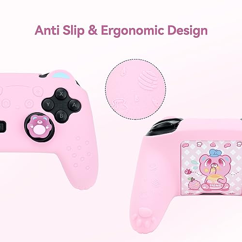 GeekShare Sugar Bear Controller Skin Set Anti-Slip Silicone Protective Cover Skin Case for Switch Pro Controller with 2 Thumb Grip Caps and 1 Sticker - Pink