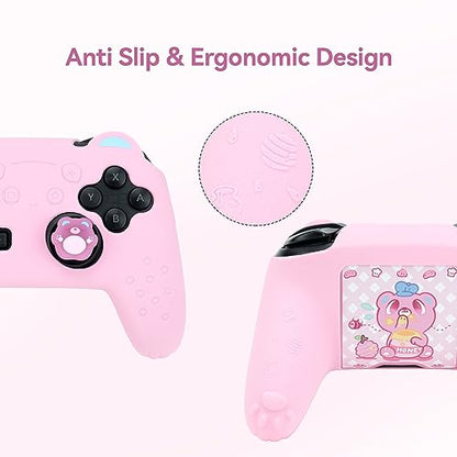 GeekShare Sugar Bear Controller Skin Set Anti-Slip Silicone Protective Cover Skin Case for Switch Pro Controller with 2 Thumb Grip Caps and 1 Sticker - Pink