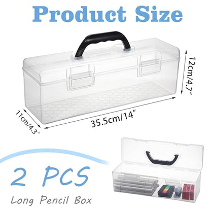 BTSKY 2 PCS Extra Long Plastic Pencil Box Portable Clear Home Utility Boxes with Black Handle Stationery Storage Organizer Utility Painting Tool Storage Container for Marker Sticky-Note Craft Supplies