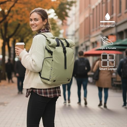 Besnfoto Camera Backpack, Expandable Roll Top Waterproof Photography Bag with Modular Dividers, Professional Camera Case for DSLR SLR Mirrorless Drones, Fits Up to 15.6 Inch Laptop - color: Light Green