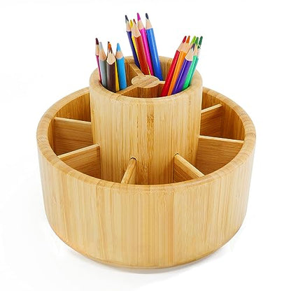 Utoplike Bamboo Rotating Art Supply Desk Organizer, Pencil Holder Desktop - size: Medium