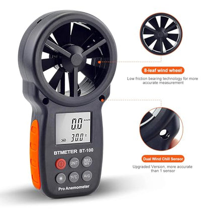 BTMETER Anemometer, Wind Speed Meter Gauge with Hard Travel Case for BT-100 Series - Ideal for Air Flow Testing, HVAC, Kayaking and Drones