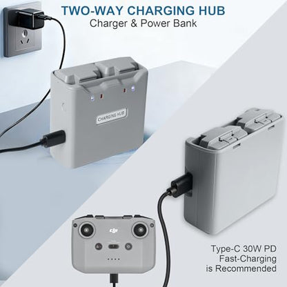 30W Dual Battery Charger for DJI Mini 4K/Mini 2 Series, Portable Two-Way Charging Hub, Equipped with a USB-A Output Port