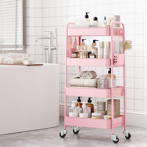 TOOLF 4 Tier Rolling Cart, Metal Utility Storage Cart with Pegboard, Pink - color: Pink, size: 4-Tier