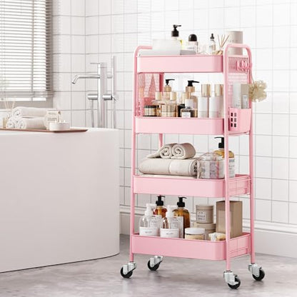 TOOLF 4 Tier Rolling Cart, Metal Utility Storage Cart with Pegboard, Pink - color: Pink, size: 4-Tier