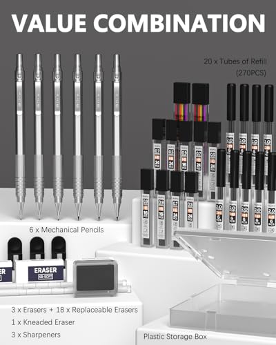 Nicpro 35PCS Silver Metal Mechanical Pencil Set, Art Supplies with Case - color: Silver