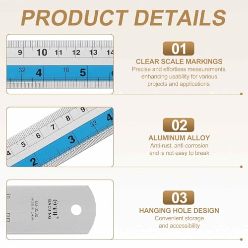 HARFINGTON 2pcs Metal Straight Ruler 15cm Metric SAE Aluminum Alloy Measuring Rulers Scale Tools with Hole for Measure Study Reading Classroom Office, Blue - color: Blue, size: 15cm