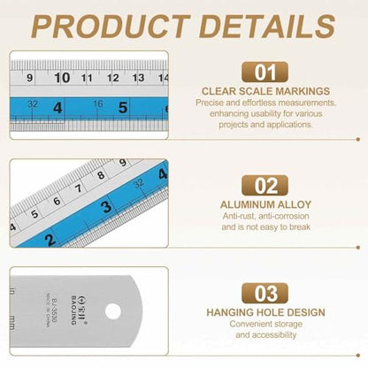 HARFINGTON 2pcs Metal Straight Ruler 15cm Metric SAE Aluminum Alloy Measuring Rulers Scale Tools with Hole for Measure Study Reading Classroom Office, Blue - color: Blue, size: 15cm