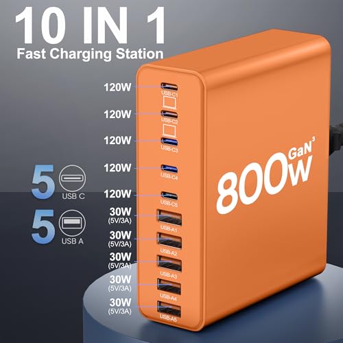 800W USB C Charger Block,10-Port Charging Station - color: Orange