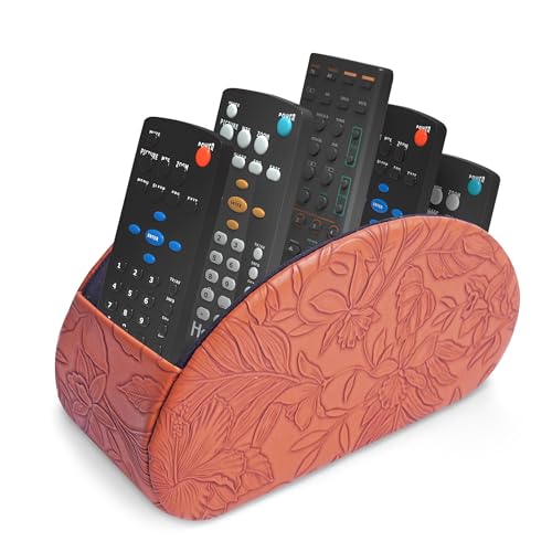 Remote Control Holder, PU Leather Remote Caddy Desktop Organizer with 5 Spacious Compartments for TV Remotes/Media Controllers/Office Supplies (1-Carved Brown - color: 1-Carved Brown