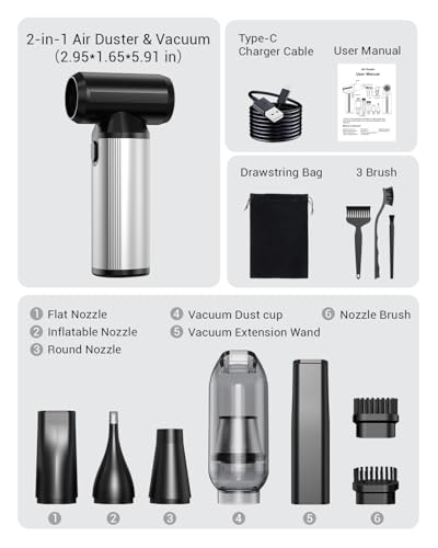Compressed Air Duster & Vacuum 2-in-1, 320,000 RPM Brushless Motor