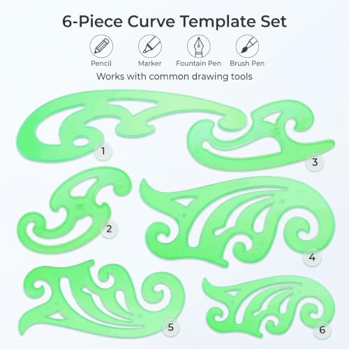TecUnite 6 Pcs French Curve Rulers Set, Clear Green Plastic Templates