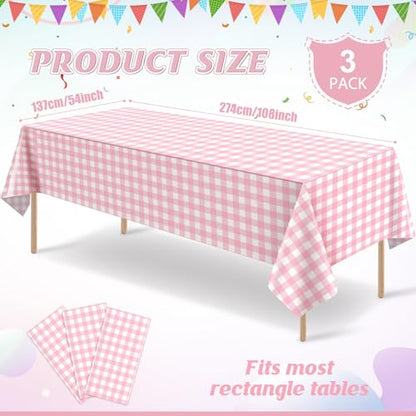 3Pcs Pink Gingham Tablecloths, Checkered Party Table Covers 54x108 In - color: Pink