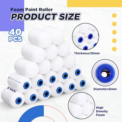 Nuenen 40 Pcs 2 Inch Foam Paint Rollers Mini Paint Roller Covers High Density Small Foam Paint Roller for House Wall Doors Cabinet Painting