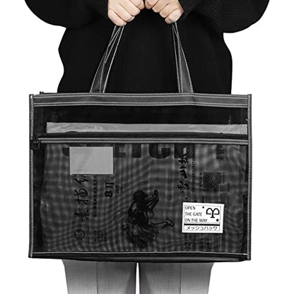 XGOPTS A3 Mesh Art Portfolio Bag with Handle and Zipper Holder for Artwork - color: black
