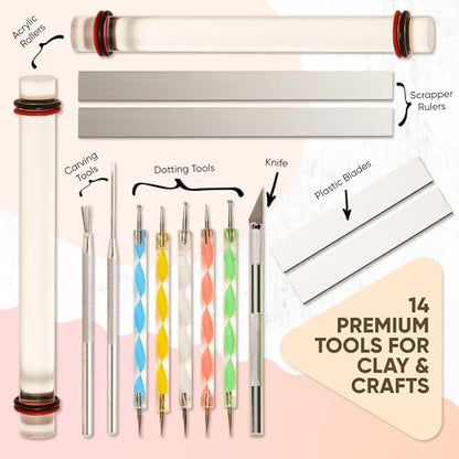 14 Pcs Polymer Clay Tools Acrylic Roller Clay Rolling Pins for Baking with Thickness Rings, Tissue Blade, Slicer Knife, Dotting Tools, Sculpting Earring and Jewelry Making Kit for Modeling and Shaping