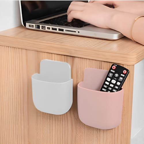 2 Pack Wall Mount Remote Control Holder Self Adhesive Organizer for Remote Phone Pen Makeup Brush Storage Box for Home Office - color: White + Pink