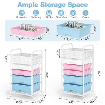 4 Drawer Rolling Storage Cart with Pegboard Top and Hooks, Pink&Blue - color: Pink&Blue, size: 4-Drawers