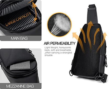 Waterproof Sling Bags Mens Shoulder Crossbody Backpack with USB Charging Port& Headphone,Outdoor Lightweight Bag - color: A-black