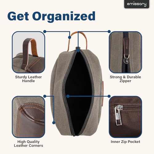 emissary Men's Canvas Travel Toiletry Bag, Leather Dopp Kit - Light Gray - color: Light Gray