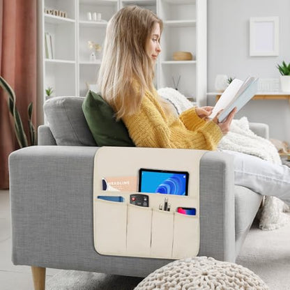 Remote Control Holder for Armchair Caddy, Remote Holder with 5 Pockets - color: Beige, size: 35"x12.4"