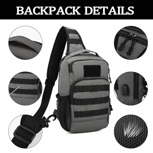 Valinov Tactical Shoulder Bag,Molle Shoulder Backpacks,Military Sling Daypack Backpack with USB Charging port - color: 1 Pack Grey