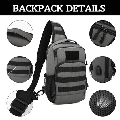 Valinov Tactical Shoulder Bag,Molle Shoulder Backpacks,Military Sling Daypack Backpack with USB Charging port - color: 1 Pack Grey