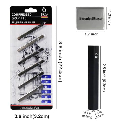 Graphite Sticks Square 6 Pieces, Kneaded Rubber Erasers Large Size 2 Pack, Black Compressed Graphite Charcoal Prencils Set for Drawing, Sketching, Shading, Blending, Beginners and Artists