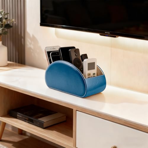 BONNY DODO Remote Control Holders Organizer Box with 5 Compartment PU Leather Multi-functional Office Desk Storage Caddy Store (Pacock blue) - color: Pacock blue