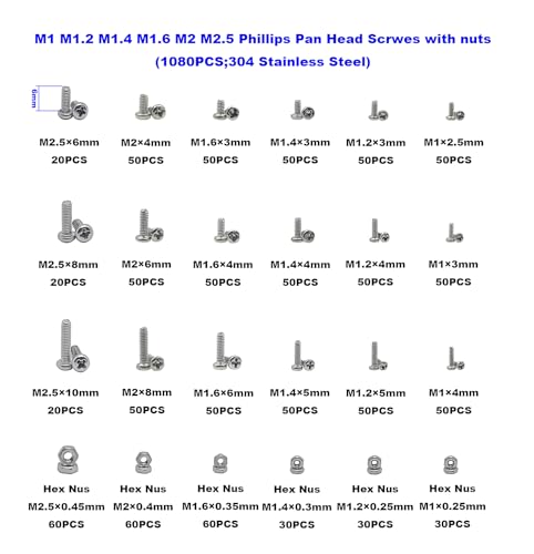 1080PCS M1-M2.5 304 SS Phillips Pan Head Tiny Machine Screws Nuts Kit - size: M1/M1.2/M1.4/M1.6/M2/M2.5