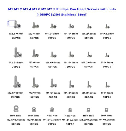 1080PCS M1-M2.5 304 SS Phillips Pan Head Tiny Machine Screws Nuts Kit - size: M1/M1.2/M1.4/M1.6/M2/M2.5