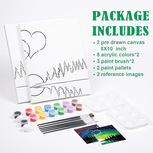 VOCHIC 2 Pack Sip and Paint Kit, Pre Drawn Canvas for Painting for Adults, Starry Sky Heart Couple Date Night Games, Outline Canvas Party Art Set, Paints Brushes Pallets Valentine (8x10) - size: 8x10, style: Hearts