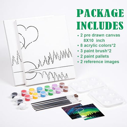 VOCHIC 2 Pack Sip and Paint Kit, Pre Drawn Canvas for Painting for Adults, Starry Sky Heart Couple Date Night Games, Outline Canvas Party Art Set, Paints Brushes Pallets Valentine (8x10) - size: 8x10, style: Hearts