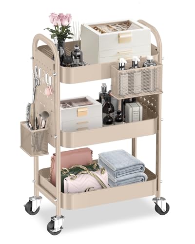 ALVOROG 3 Tier Metal Rolling Utility Cart with Pegboards,Baskets,Hook,Khaki - color: Khaki