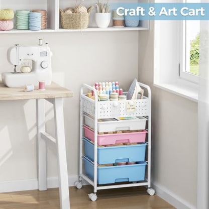 4 Drawer Rolling Storage Cart with Pegboard Top and Hooks, Pink&Blue - color: Pink&Blue, size: 4-Drawers