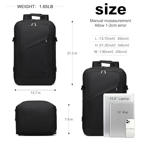 Kono Travel Backpack Airline Approved Overhead Bin Personal Item Bag - color: Black, size: Large