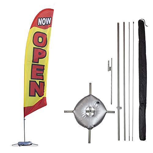 Vispronet - Now Open Feather Flag Kits - 13.5ft Flag Complete with Pole Set, Ground Stake, Cross Base and Weight Bag (Yellow) Businesses, Storefronts, Sales - Printed in The USA - color: Yellow, size: Basic/Both Bases