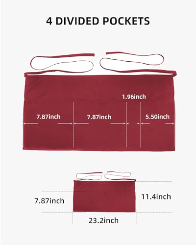 Argstar 2 Pack Server Apron with 4 Pockets, Waitress Waiter Waist WaterDrop Resistant Short Aprons - color: Red