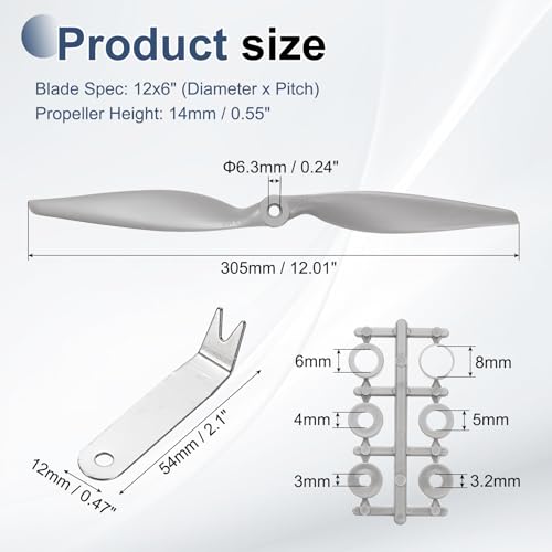 MECCANIXITY 12x6 Inch RC Propellers, 2-Vane Blades Prop Replacements Gray High Speed Propeller with Adapter Rings & Prop Wrench for RC Airplane Drones, Pack of 4 - size: 12" x 6"