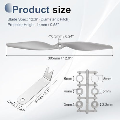 MECCANIXITY 12x6 Inch RC Propellers, 2-Vane Blades Prop Replacements Gray High Speed Propeller with Adapter Rings & Prop Wrench for RC Airplane Drones, Pack of 4 - size: 12" x 6"